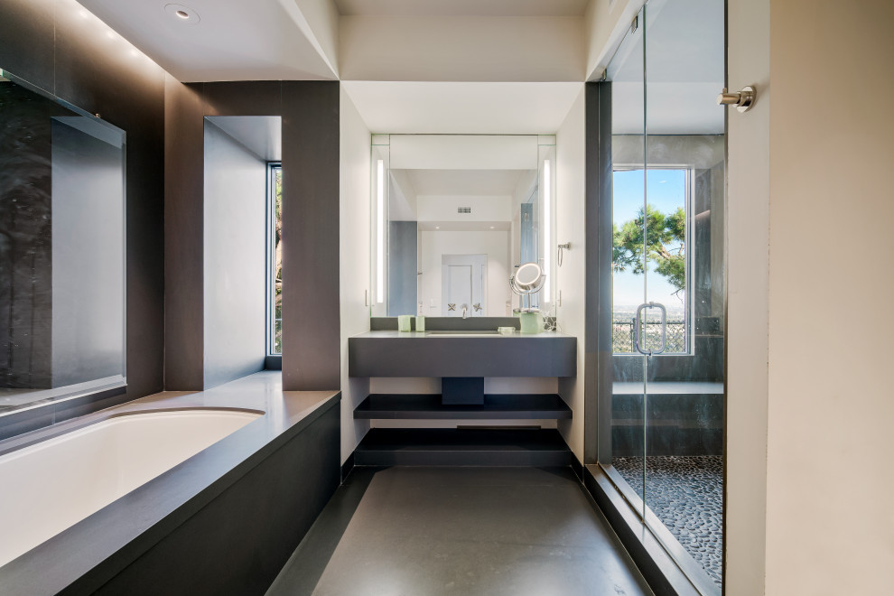 ロサンゼルスにあるコンテンポラリースタイルのおしゃれな浴室 (グレーのキャビネット、アンダーマウント型浴槽、アルコーブ型シャワー、白い壁、コンクリートの床、グレーの床、開き戸のシャワー、白い洗面カウンター) の写真