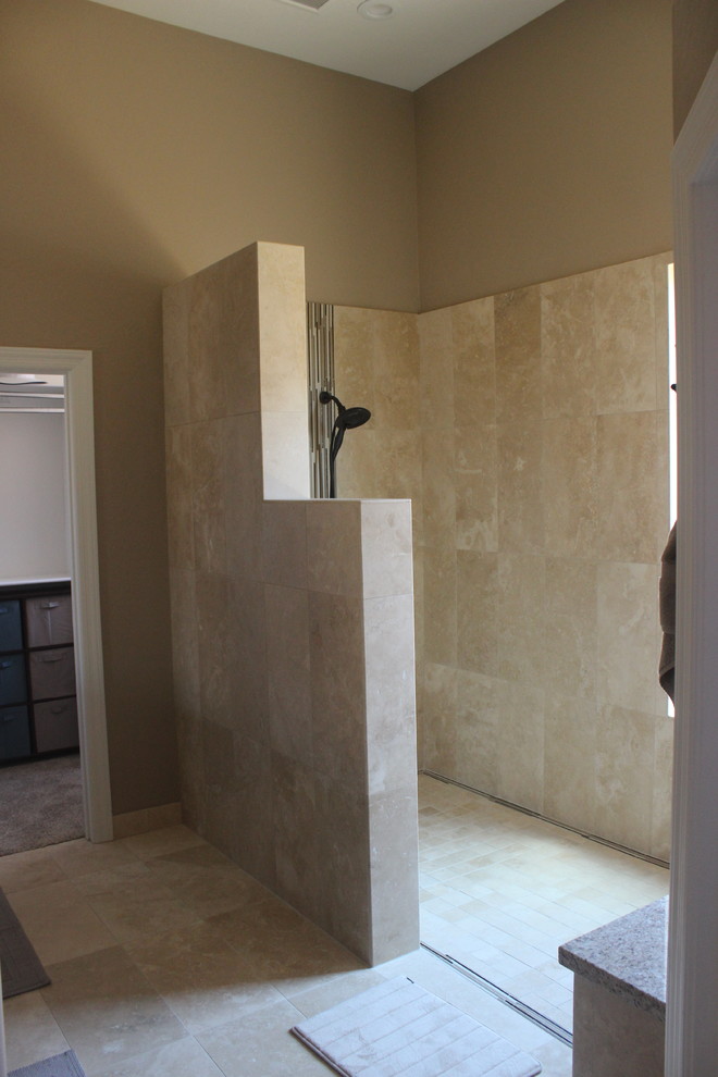 Mid-sized trendy master beige tile, brown tile, multicolored tile and matchstick tile ceramic tile doorless shower photo in Phoenix with shaker cabinets, dark wood cabinets, a two-piece toilet, beige walls, an undermount sink and granite countertops