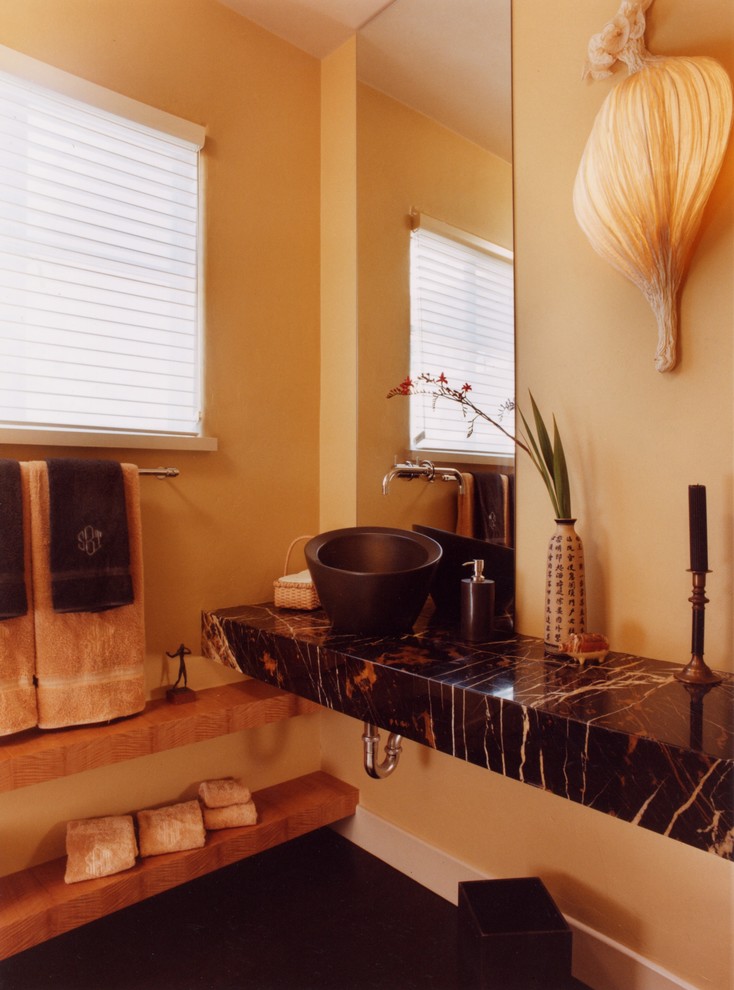 Medium sized modern shower room bathroom in San Francisco with a vessel sink, flat-panel cabinets, light wood cabinets, marble worktops and dark hardwood flooring.