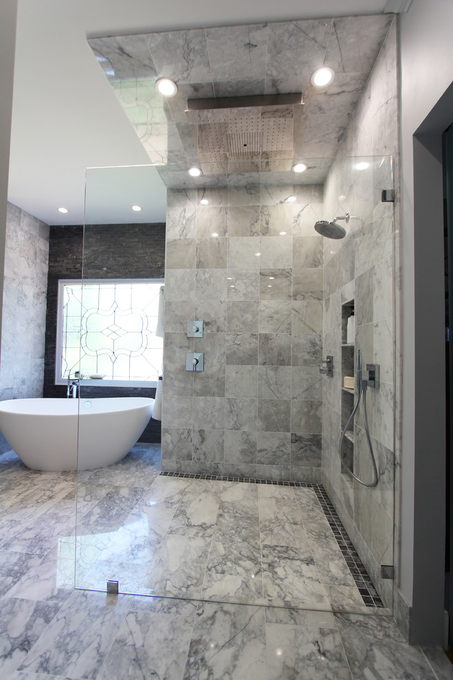 Inspiration for a large contemporary master black and white tile, gray tile, white tile and stone tile marble floor bathroom remodel in Atlanta with shaker cabinets, gray cabinets, a two-piece toilet, gray walls, an undermount sink and marble countertops
