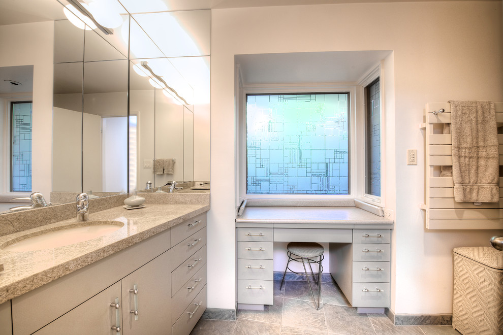 Walk-in shower - mid-sized contemporary master beige tile and ceramic tile ceramic tile walk-in shower idea in San Francisco with an undermount sink, flat-panel cabinets, beige cabinets, granite countertops and white walls