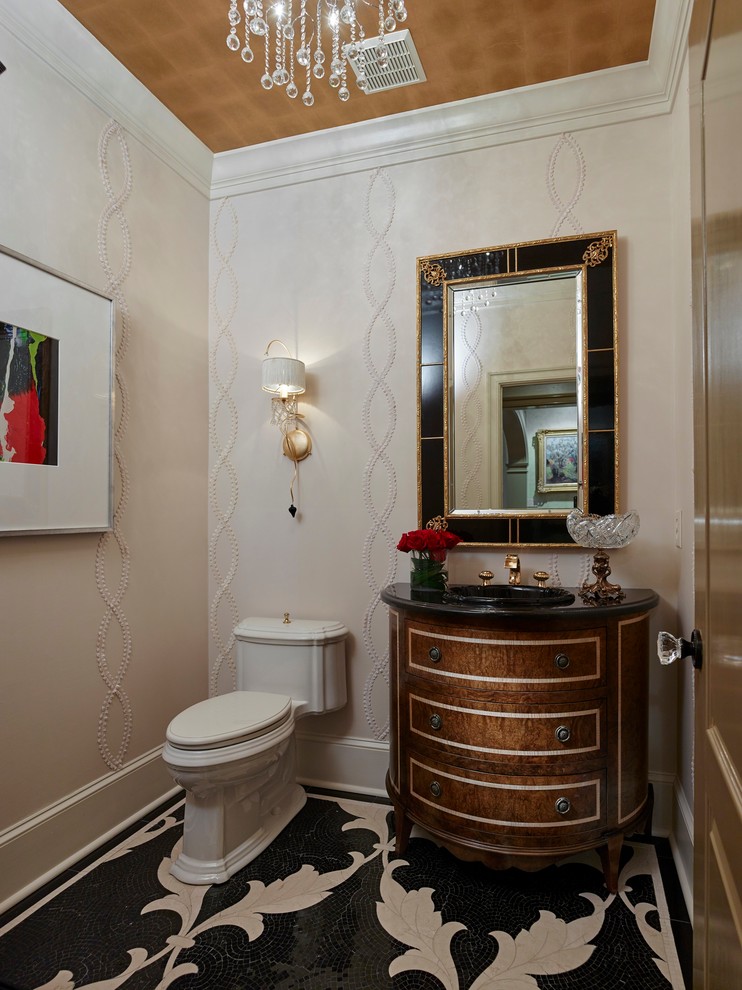 Bathroom - eclectic black tile bathroom idea in Philadelphia with furniture-like cabinets and white walls