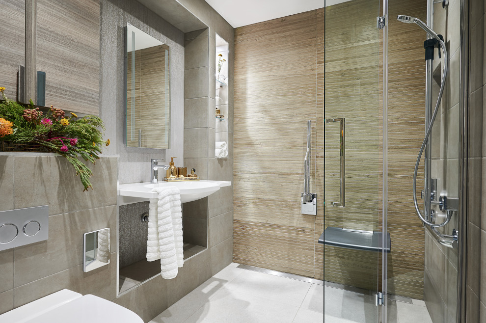 Mid-sized minimalist master brown tile and porcelain tile porcelain tile and white floor doorless shower photo in London with open cabinets, white cabinets, a wall-mount toilet, brown walls, a wall-mount sink and a hinged shower door
