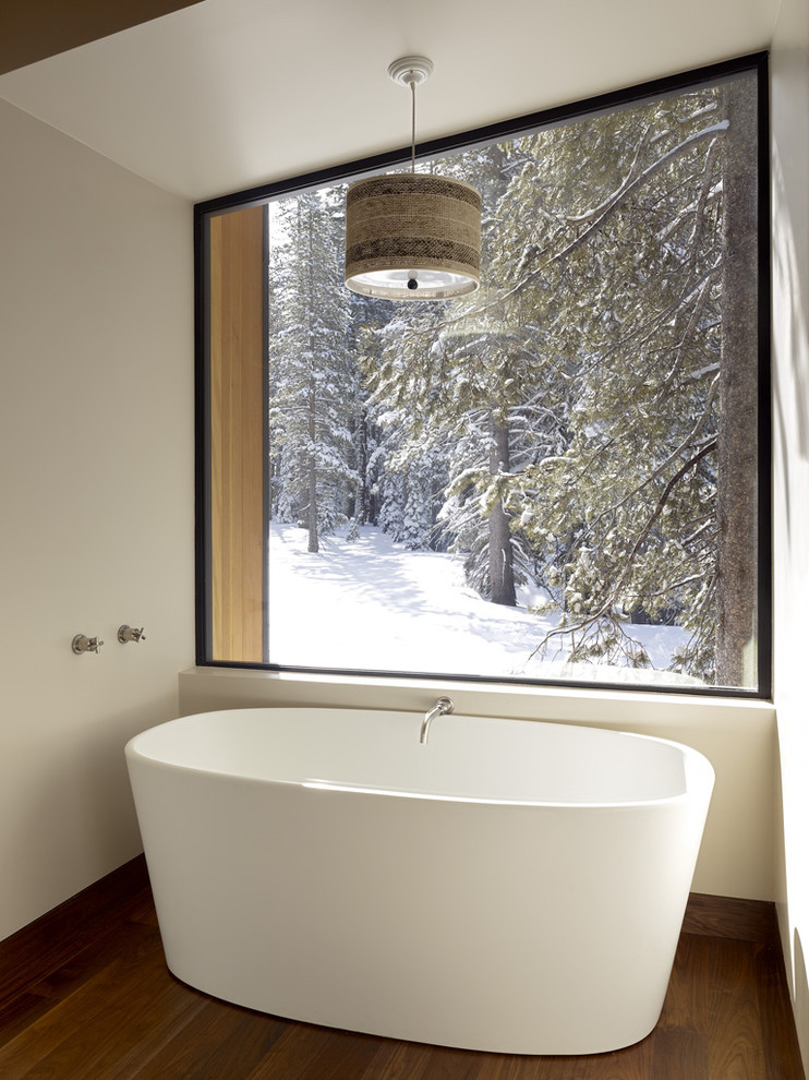 Cette image montre une salle de bain minimaliste avec une baignoire indépendante et une fenêtre.