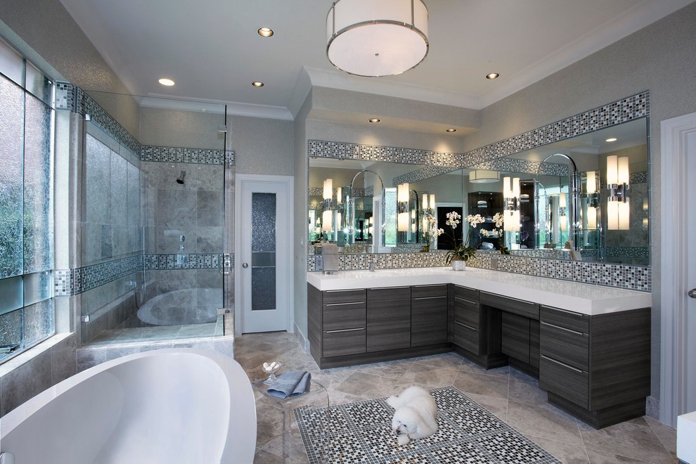 Bathroom - large contemporary multicolored tile and mosaic tile porcelain tile bathroom idea in Houston with an undermount sink, flat-panel cabinets, gray cabinets, quartz countertops and beige walls