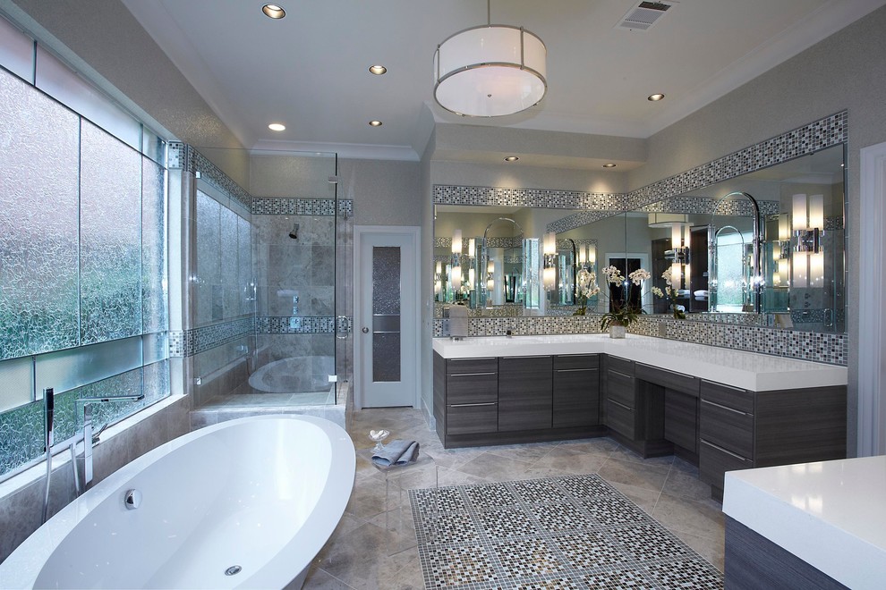 Inspiration for a large contemporary master multicolored tile and mosaic tile porcelain tile and beige floor bathroom remodel in Houston with gray cabinets, an undermount sink, flat-panel cabinets, quartz countertops, beige walls and a hinged shower door