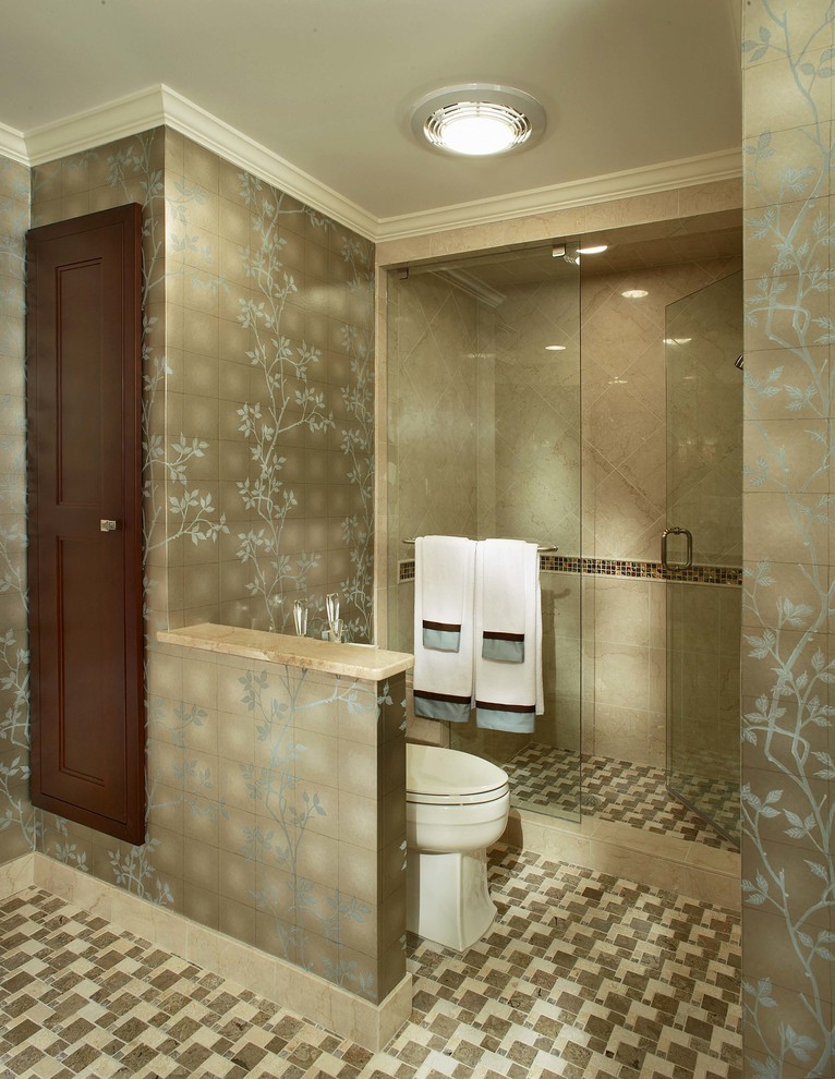 Example of a trendy multicolored tile and stone tile alcove shower design in Dallas with recessed-panel cabinets, dark wood cabinets and granite countertops