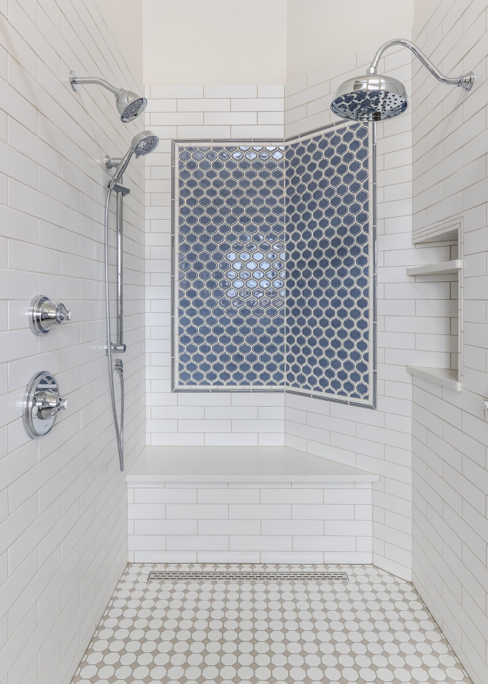 Bathroom - large farmhouse master white tile and subway tile porcelain tile and white floor bathroom idea in Seattle with shaker cabinets, light wood cabinets, a two-piece toilet, white walls, an undermount sink, quartz countertops and white countertops