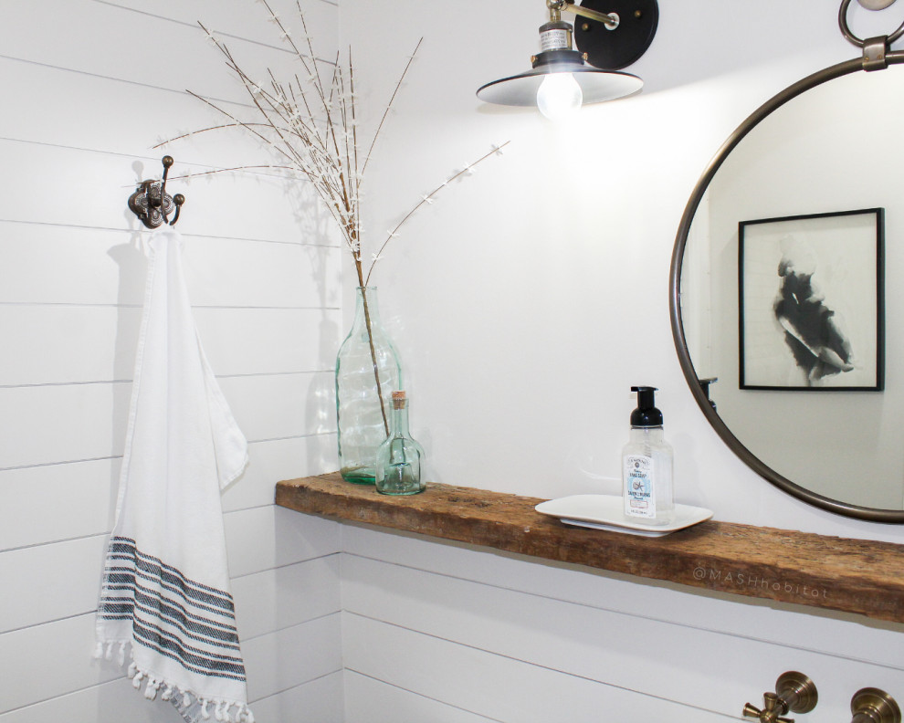 Inspiration for a small rural shower room bathroom in Dallas with freestanding cabinets, light wood cabinets, a one-piece toilet, black and white tiles, white walls, ceramic flooring, a pedestal sink, white floors and white worktops.