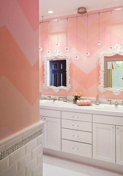 Inspiration for a kids' white tile and subway tile bathroom remodel in Las Vegas with pink walls and quartz countertops