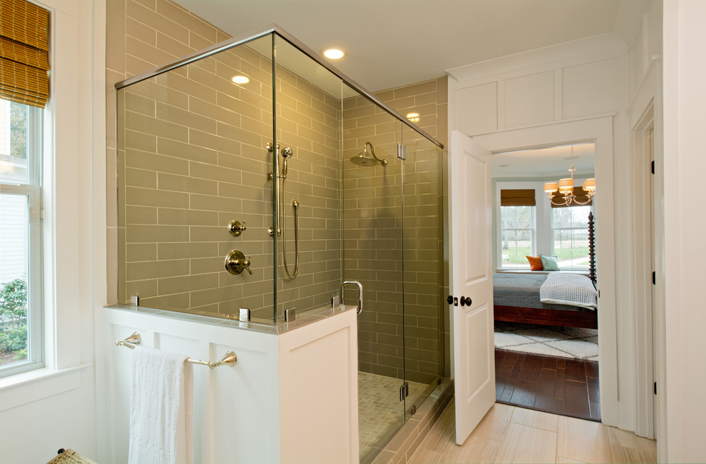 Design ideas for a farmhouse ensuite bathroom in Charleston with white walls and porcelain flooring.