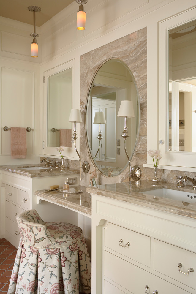 Design ideas for a traditional ensuite bathroom in Minneapolis with a submerged sink, white cabinets, white walls, terracotta flooring, flat-panel cabinets and red floors.