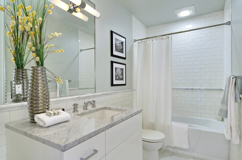Classic bathroom in Seattle with marble worktops.