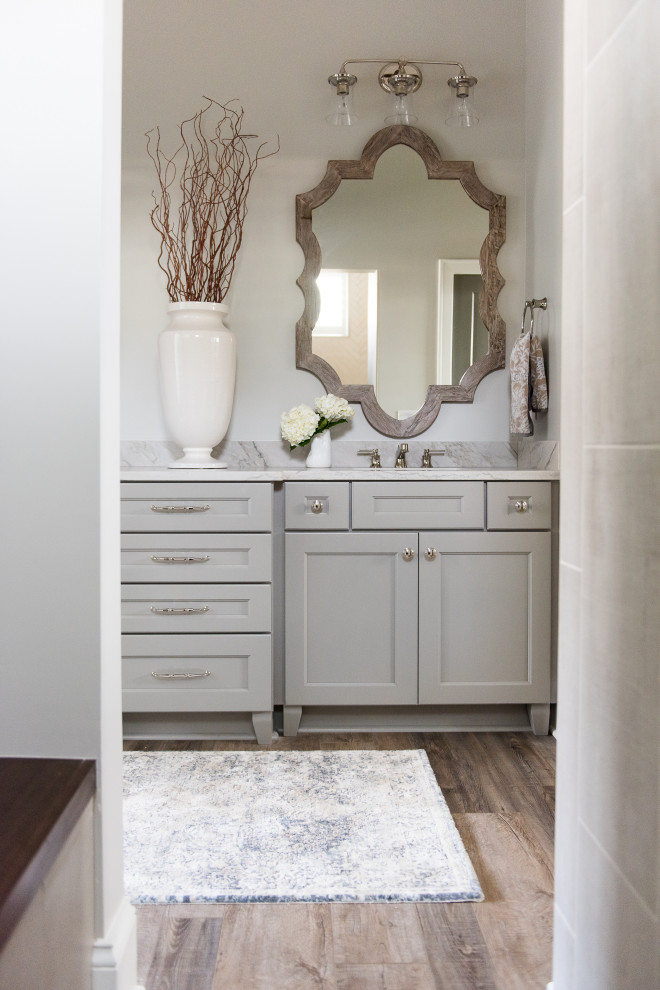 Mid-sized trendy master double-sink bathroom photo in Indianapolis with shaker cabinets, gray cabinets, beige walls, an undermount sink and a built-in vanity