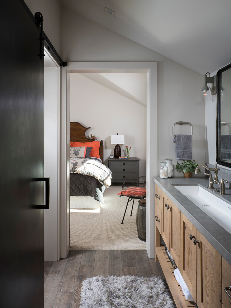 Imagen de cuarto de baño tradicional renovado con armarios estilo shaker, puertas de armario de madera oscura, paredes grises, suelo de madera oscura, lavabo bajoencimera y encimeras grises