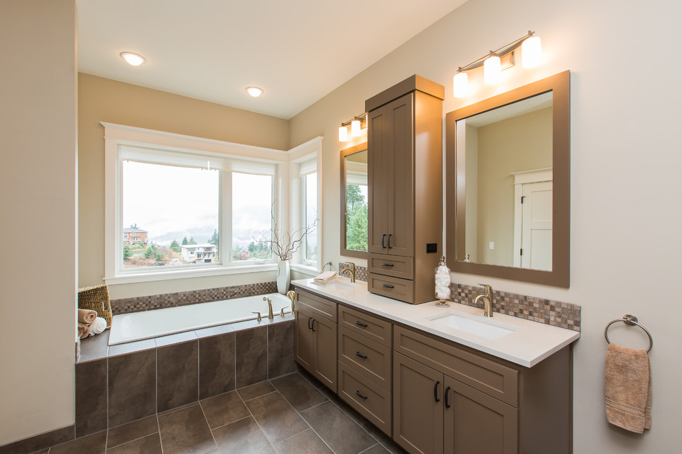 Bathroom - large contemporary master beige tile and mosaic tile ceramic tile bathroom idea in Portland with a drop-in sink, shaker cabinets, beige cabinets, quartz countertops, a one-piece toilet and beige walls