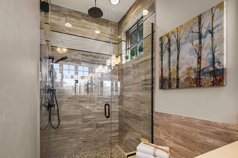 Mountain style master beige tile porcelain tile and brown floor bathroom photo in Seattle with recessed-panel cabinets, dark wood cabinets, a hot tub, white walls, an undermount sink, quartzite countertops and a hinged shower door
