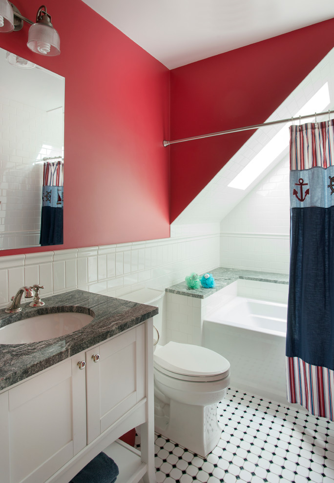 Inspiration for a mid-sized mid-century modern kids' white tile ceramic tile tub/shower combo remodel in Boston with an undermount sink, raised-panel cabinets, medium tone wood cabinets, granite countertops, a two-piece toilet and red walls