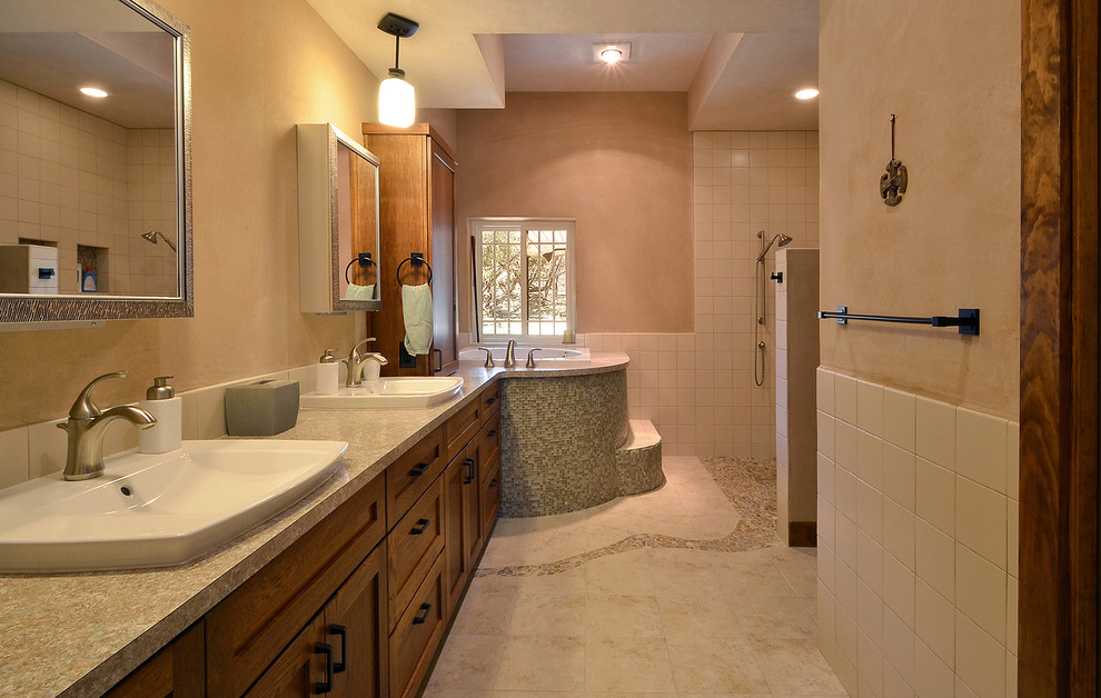 Design ideas for a medium sized ensuite bathroom in Austin with shaker cabinets, dark wood cabinets, a japanese bath, a walk-in shower, mosaic tiles, porcelain flooring, a vessel sink and granite worktops.