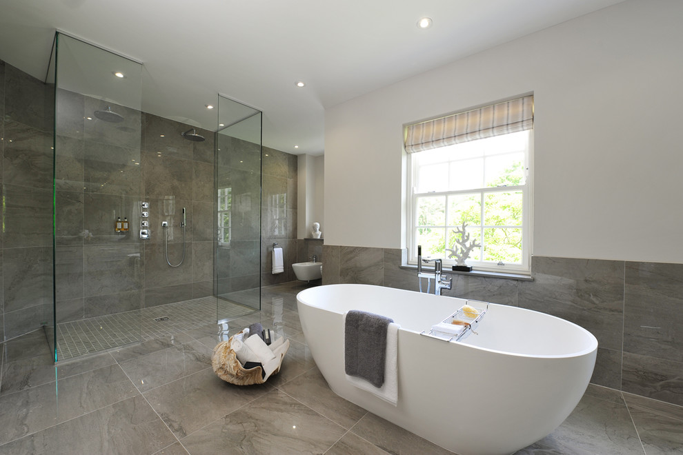 Contemporary bathroom in Berkshire with brown tiles, porcelain tiles, porcelain flooring and brown floors.