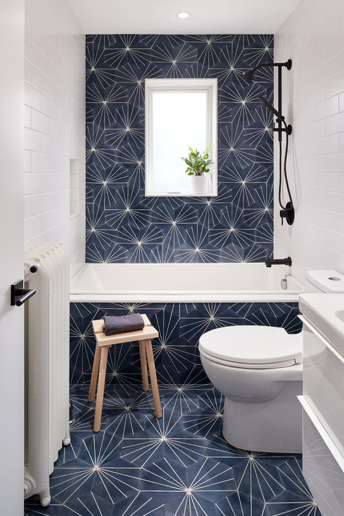 Modern Sophistication: Dark Blue Hexagon Tiles Boys Bathroom Ideas