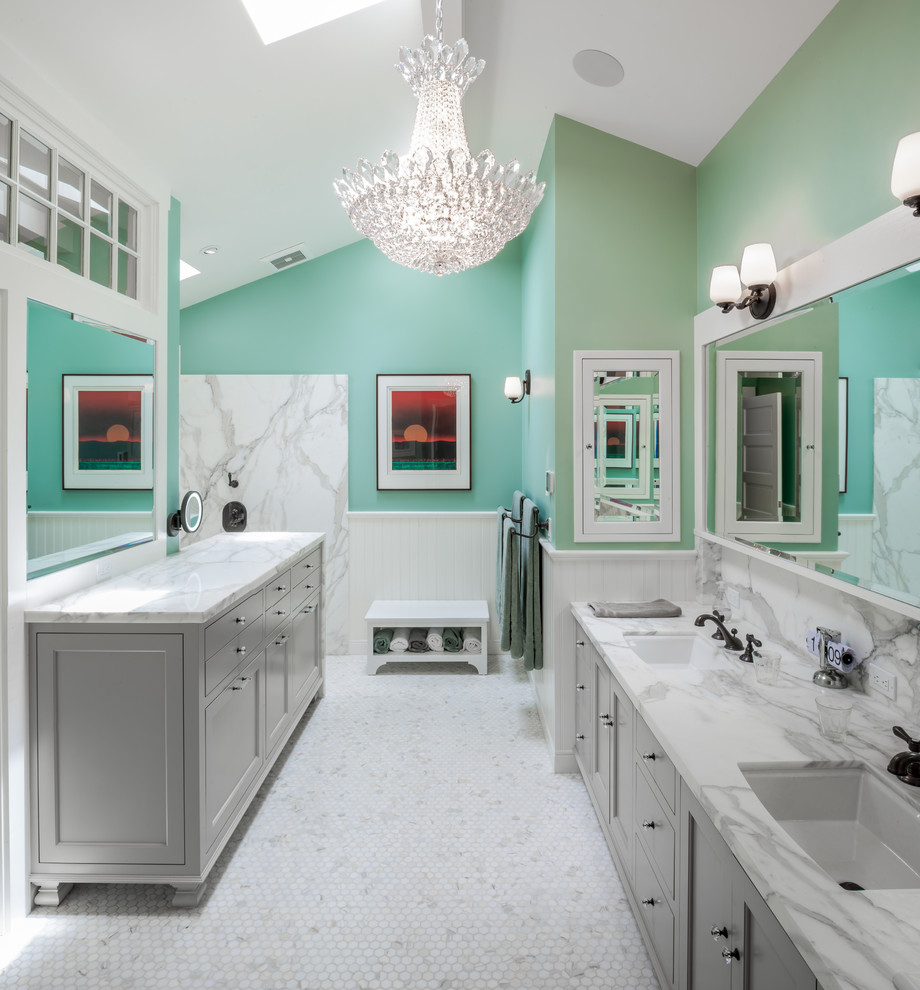 Photo of a large traditional ensuite bathroom in San Francisco with freestanding cabinets, beige cabinets, marble worktops, a built-in shower, grey tiles, white tiles, stone slabs, green walls, mosaic tile flooring and a submerged sink.