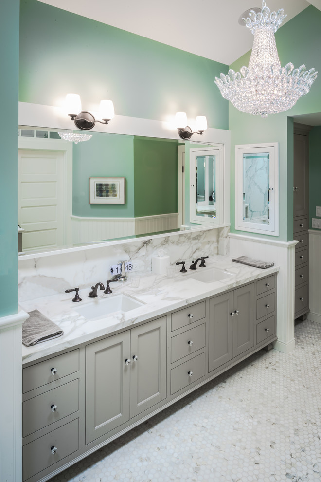 Photo of a large classic ensuite bathroom in San Francisco with a submerged sink, freestanding cabinets, beige cabinets, marble worktops, green walls, mosaic tile flooring, a built-in shower, grey tiles, white tiles and stone slabs.