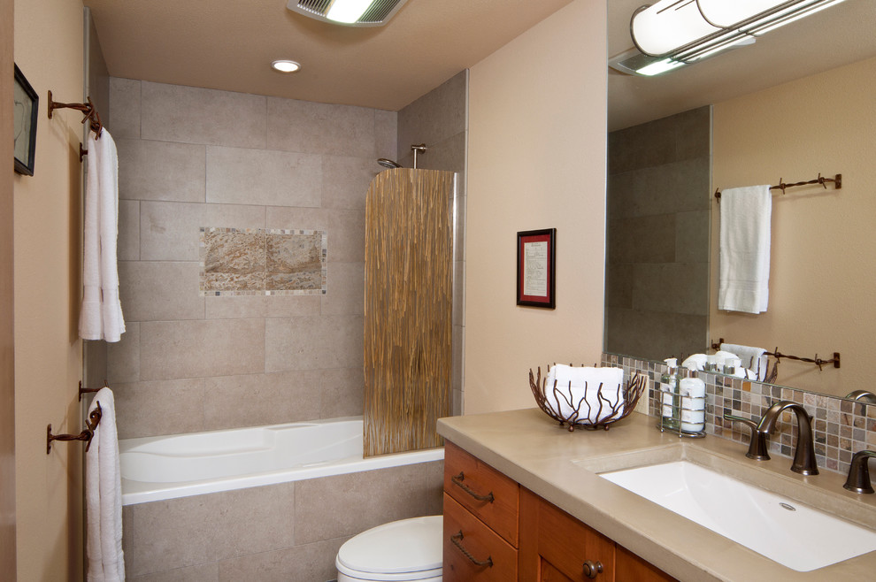 Photo of a contemporary bathroom in Portland with a shower/bath combination.