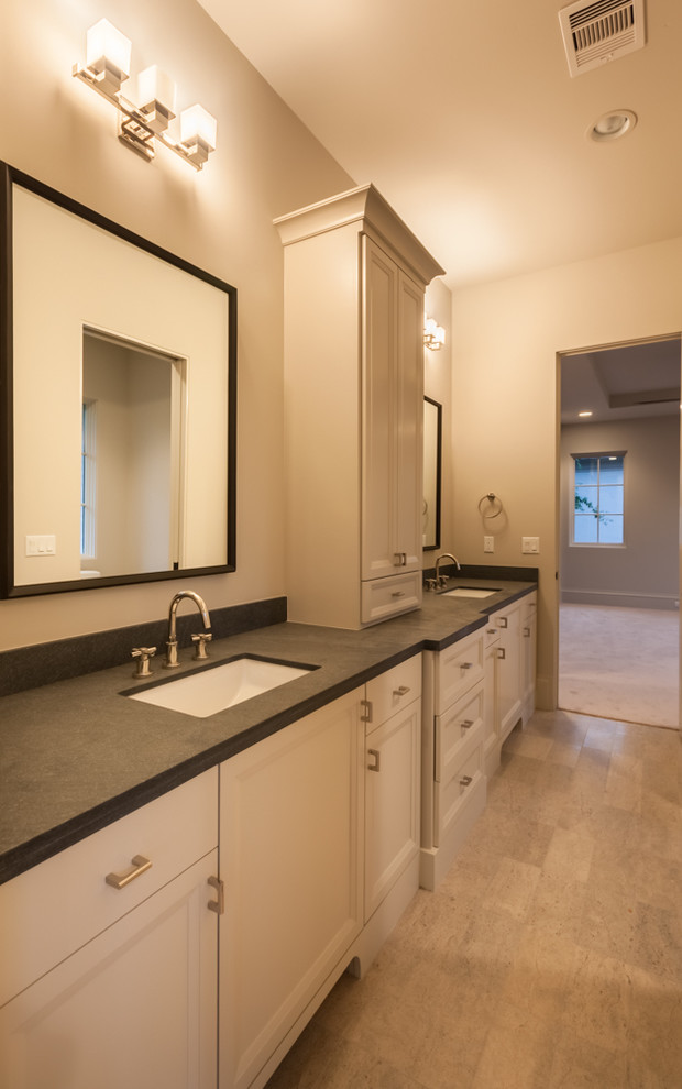 Inspiration for a medium sized classic ensuite bathroom in Houston with recessed-panel cabinets and beige walls.