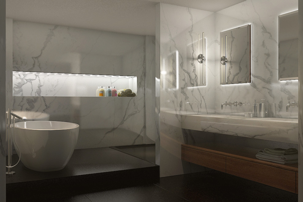 Стильный дизайн: главная ванная комната среднего размера в современном стиле с разноцветной плиткой, мраморной плиткой, накладной раковиной, мраморной столешницей, черным полом, открытым душем и разноцветной столешницей - последний тренд