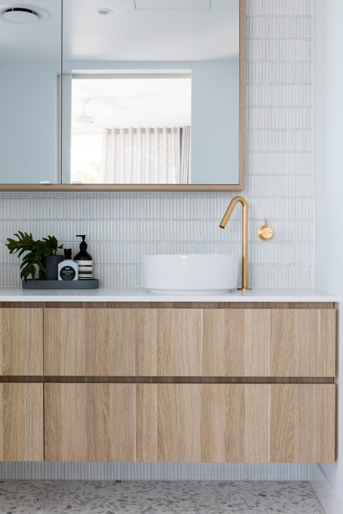 Luxurious Affair: Wooden Bathroom Vanity with White Kit Kat Tile