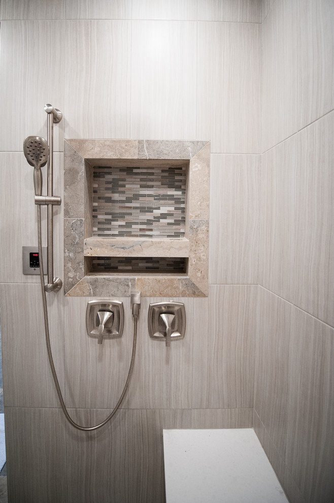 Large trendy master beige tile, brown tile, gray tile and porcelain tile dark wood floor and brown floor alcove shower photo in Salt Lake City with shaker cabinets, white cabinets, an undermount tub, a two-piece toilet, gray walls, an undermount sink, solid surface countertops and a hinged shower door