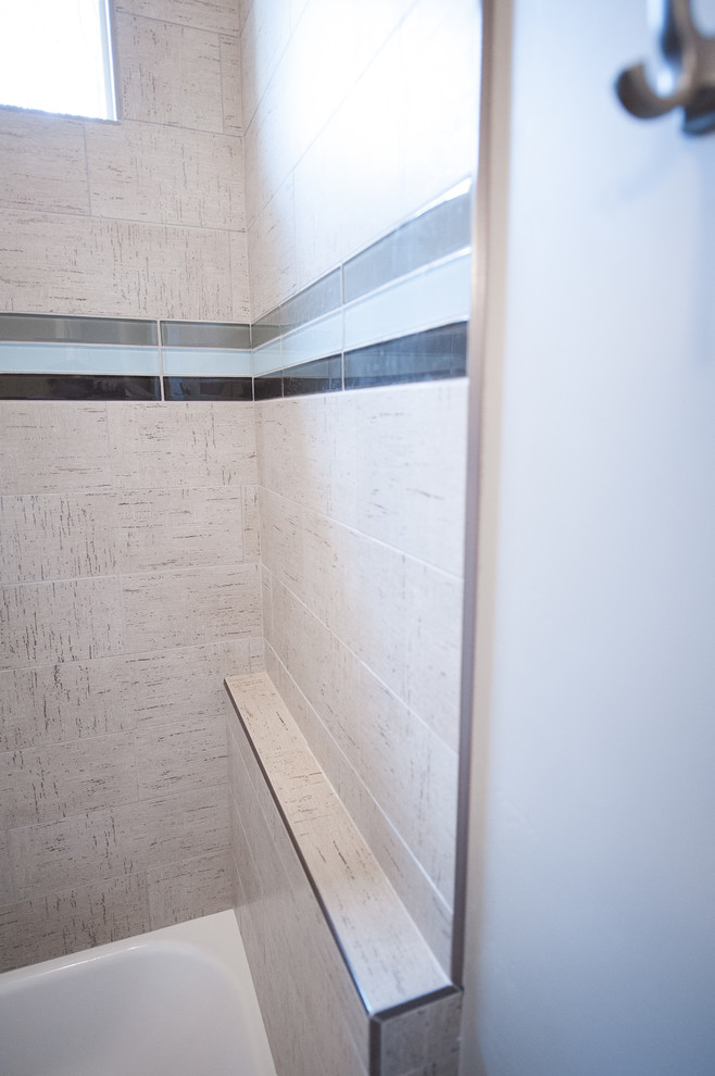 Design ideas for a medium sized contemporary shower room bathroom in Salt Lake City with shaker cabinets, white cabinets, a submerged bath, a two-piece toilet, beige tiles, brown tiles, grey tiles, porcelain tiles, grey walls, porcelain flooring, a submerged sink, solid surface worktops, multi-coloured floors, an alcove shower and an open shower.