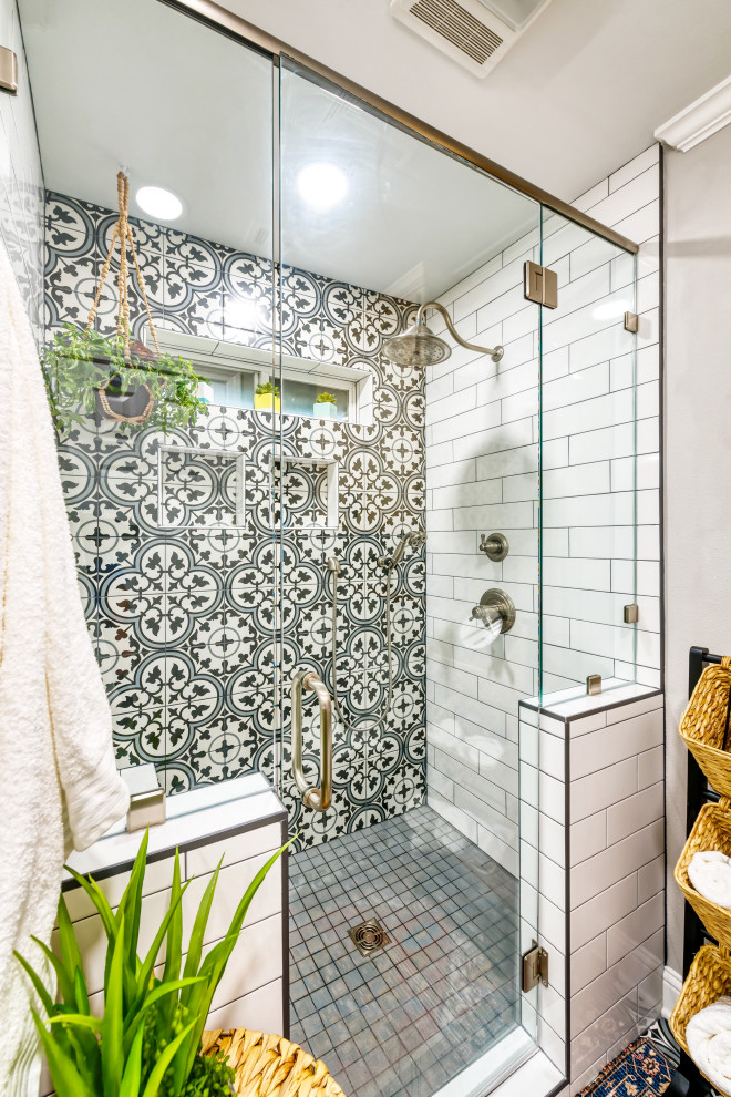 Inspiration for a small eclectic kids' white tile and porcelain tile porcelain tile and multicolored floor bathroom remodel in Other with shaker cabinets, light wood cabinets, gray walls, an undermount sink, quartzite countertops, a hinged shower door and white countertops