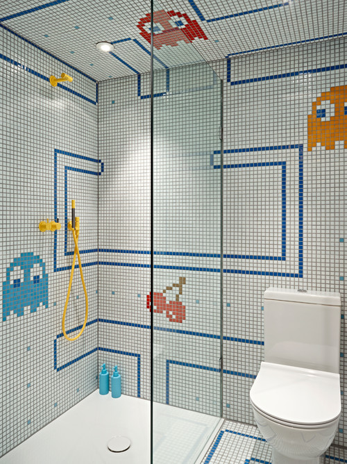 Playful Pacman Fun: Boys Bathroom Ideas with Tiny Mosaic Tiles
