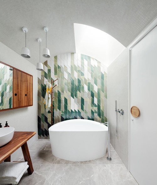 Contemporary Freshness with Curved Ceiling and White Mosaic Tiles