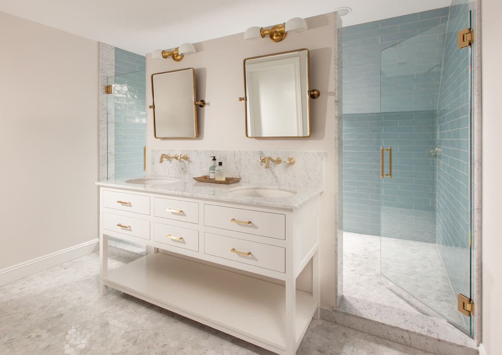 This is an example of a medium sized traditional ensuite bathroom in Portland with flat-panel cabinets, white cabinets, a double shower, blue tiles, cement tiles, white walls, marble flooring, a submerged sink and engineered stone worktops.
