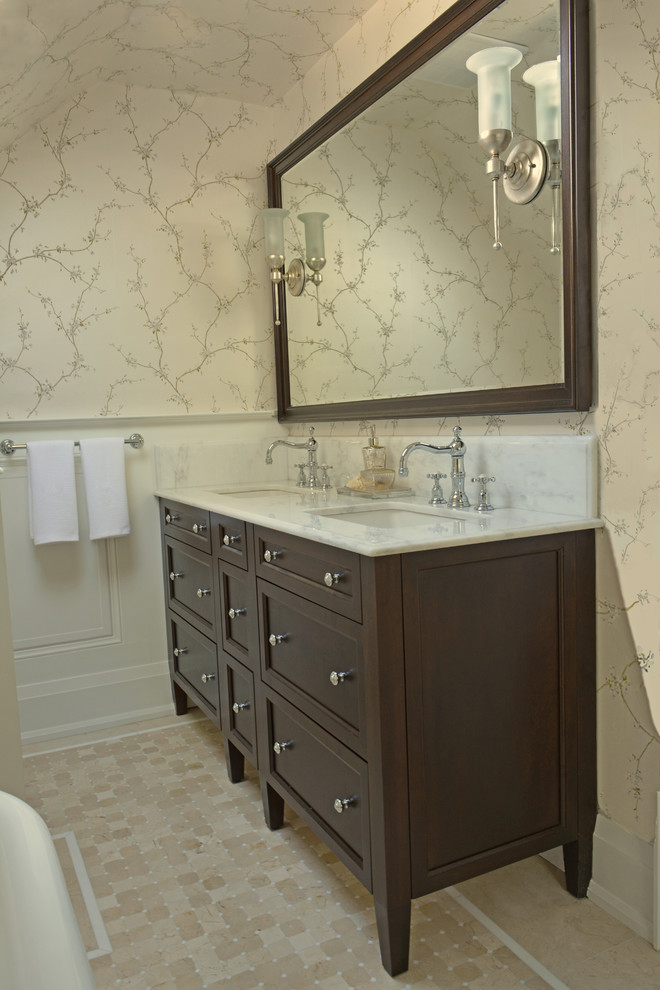 Example of a mid-sized classic master beige tile and terra-cotta tile mosaic tile floor claw-foot bathtub design in Toronto with recessed-panel cabinets, dark wood cabinets, a one-piece toilet, an undermount sink and marble countertops
