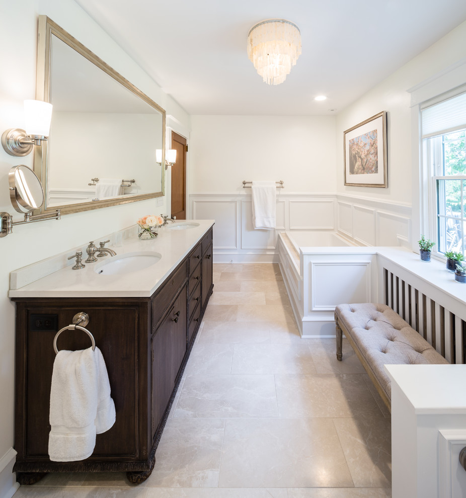 Exemple d'une grande salle de bain principale chic en bois foncé avec une baignoire posée, une douche à l'italienne, un carrelage de pierre, un mur blanc, un sol en marbre, un lavabo encastré et un plan de toilette en quartz modifié.