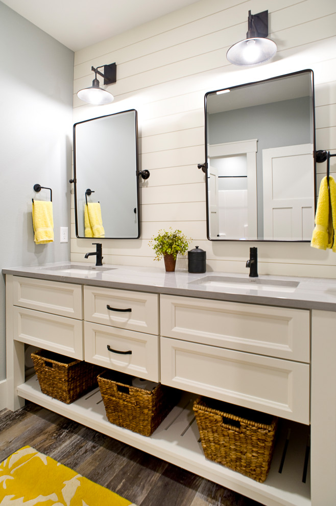 Inspiration for a large rural bathroom in Other with flat-panel cabinets and white cabinets.