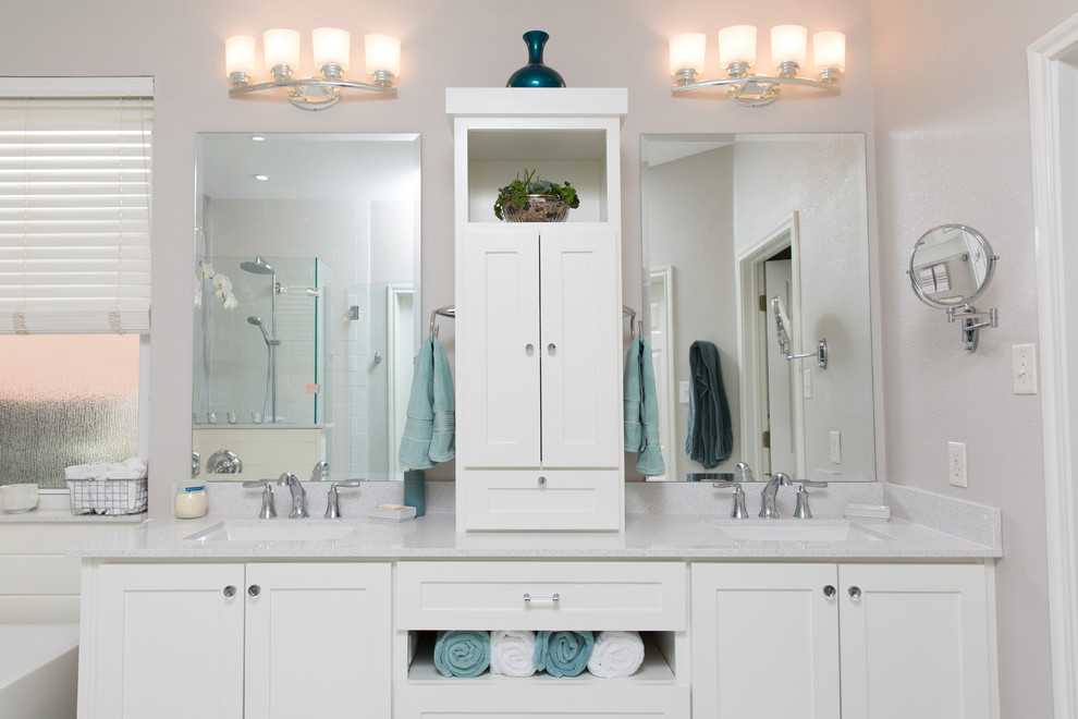 Inspiration for a medium sized classic ensuite bathroom in Dallas with shaker cabinets, white cabinets, a freestanding bath, an alcove shower, multi-coloured tiles, porcelain tiles, grey walls, ceramic flooring, a submerged sink and engineered stone worktops.