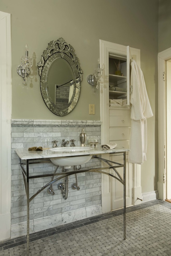 Elegant marble tile bathroom photo in Birmingham