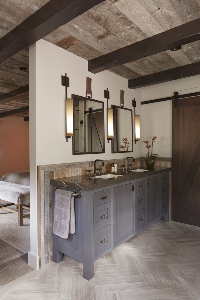 Inspiration for a rustic bathroom remodel in San Francisco with shaker cabinets and gray cabinets