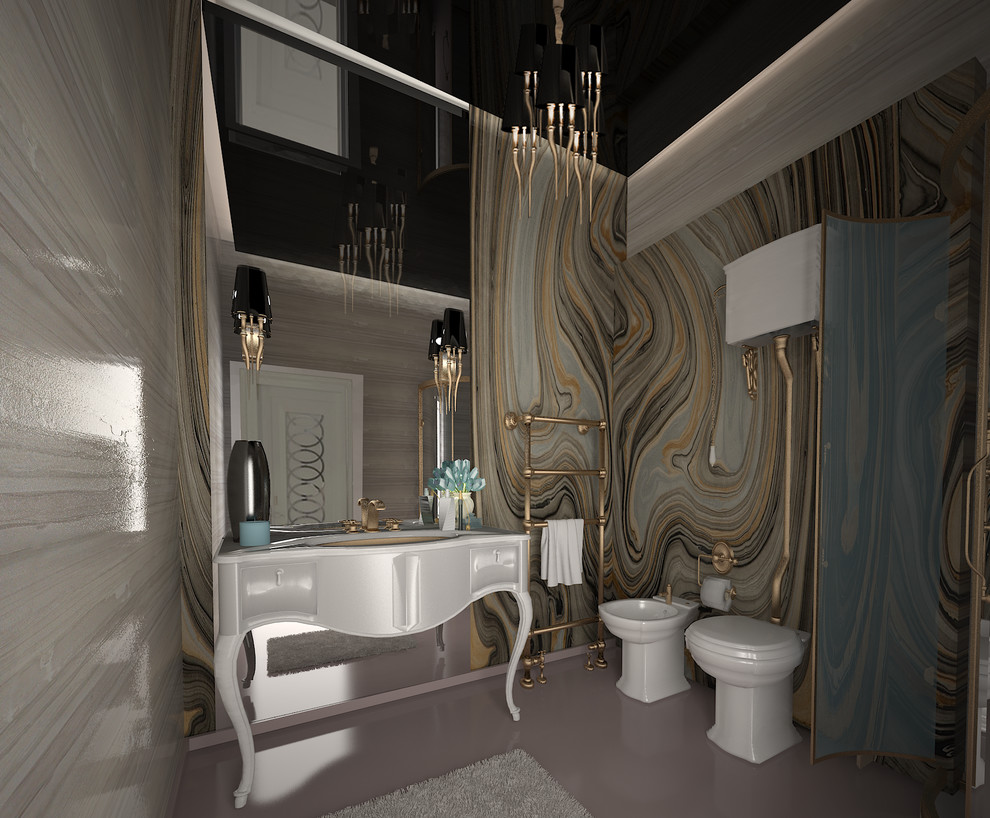 Inspiration for an expansive contemporary ensuite bathroom in Other with freestanding cabinets, white cabinets, a freestanding bath, a corner shower, a two-piece toilet, grey tiles, stone slabs, multi-coloured walls, marble flooring, a console sink and quartz worktops.