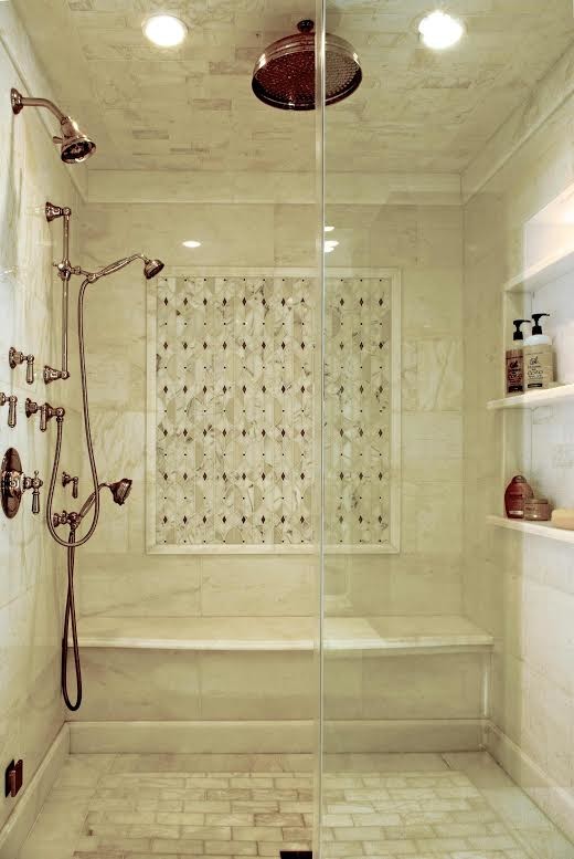 Inspiration for a large timeless master white tile and glass tile marble floor bathroom remodel in New York with marble countertops, an undermount sink, white walls and gray cabinets