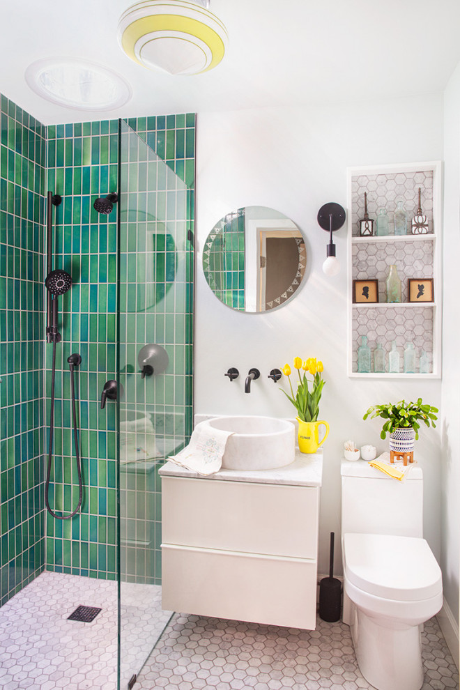 Design ideas for a small bohemian shower room bathroom in Los Angeles with a built-in shower, a two-piece toilet, green tiles, white walls, marble flooring, a vessel sink, marble worktops, white floors, an open shower, white worktops, a wall niche, a single sink, a floating vanity unit, flat-panel cabinets, white cabinets and ceramic tiles.