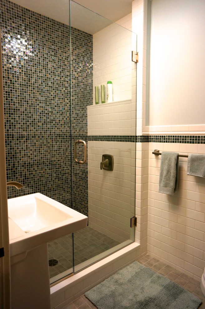 Inspiration for a mid-sized eclectic kids' multicolored tile and glass sheet porcelain tile alcove shower remodel in Minneapolis with a two-piece toilet, blue walls and a pedestal sink