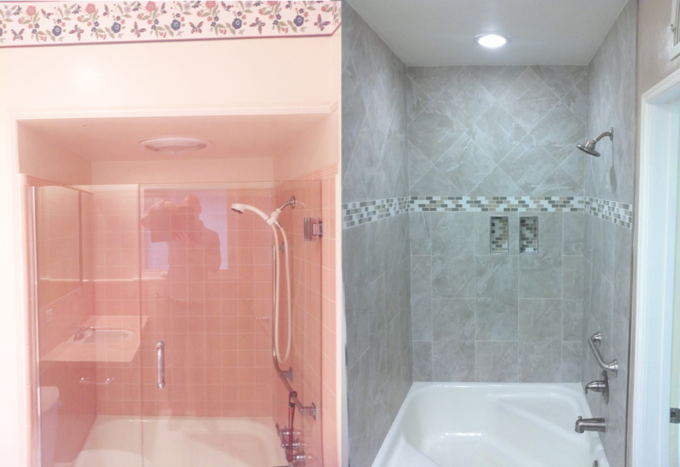 Idéer för att renovera ett mellanstort vintage badrum med dusch, med ett undermonterad handfat, skåp i mellenmörkt trä, bänkskiva i kvarts, en dusch/badkar-kombination, grå kakel, porslinskakel, beige väggar och klinkergolv i porslin