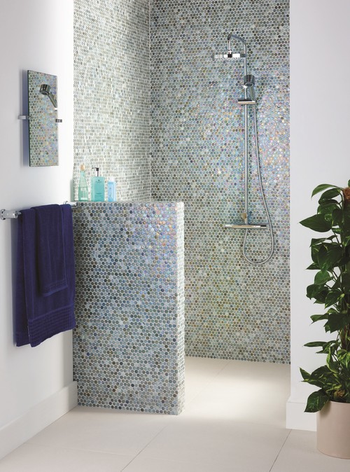 Refined Shower Delight: Glass Penny Round Mosaics in Walk-in Shower