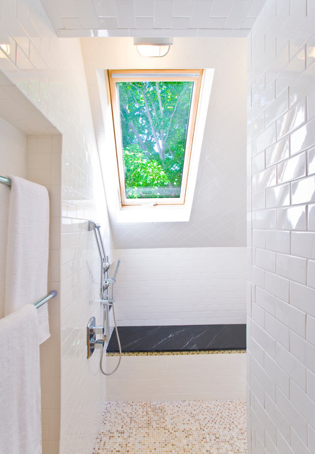 Open Marble Walk In Shower with Skylight - Transitional - Bathroom